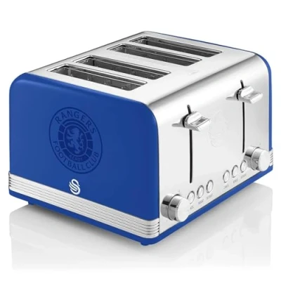 Image of Swan Official Rangers Football Club 4 Slice Retro Toaster, Blue, 1600W, Red Indicator Lights, Defrost and Reheat Settings, Removable Crumb Tray, Cord Storage, FC ST19020RANN