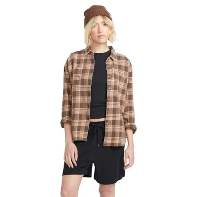Image of Volcom Women&#039;s Plaid to Meet U Long Sleeve Flannel Shirt, Vintage Brown, L