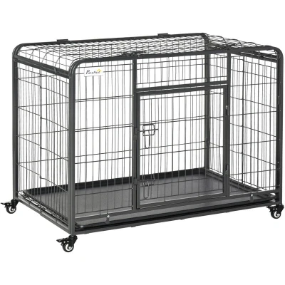 Image of PawHut Metal Dog Cage Kennel Locking Door &amp; Wheels Removable Tray Openable Top For Large Pets 109.5 x 71 78 cm