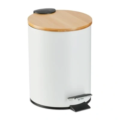 Image of Relaxdays Step Pedal Bin, 3 Litre, Soft close Bamboo Lid, Removable Inside, Bathroom Cosmetic Waste, Metal, White, Iron, 23.5 x 17 21 cm