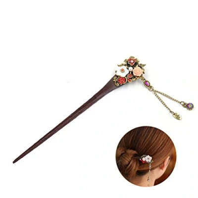 Image of Frcolor Wooden Hair Pin Chinese Sticks with Tassel Retro for Women Styling Red