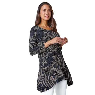 Image of Roman Originals Swing Top with Pockets for Women UK Ladies Hanky Hem Asymmetric Tunic Blouse Longline Long Stretch Jersey Casual Round NeckTee Shirt T Taupe Size 12