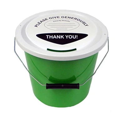 Image of 3 Charity Money Collection Buckets with Lids, Labels and Ties (5 Litres) Green