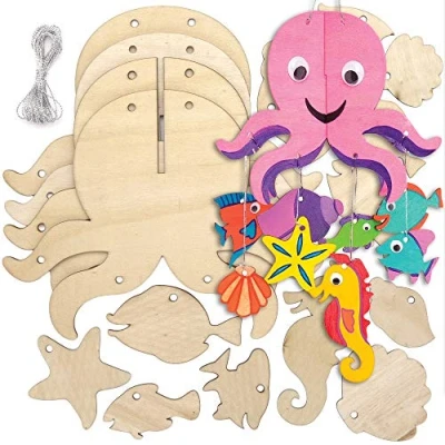Image of Baker Ross AT938 Sealife Wooden Mobile Kits, for Kids Arts and Crafts Projects (Pack of 2), Assorted,Silver
