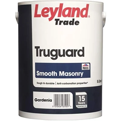 Image of Leyland Trade Truguard Smooth Masonry Paint Gardenia 15 Year Weathering Protection Anti Carbonation 5L