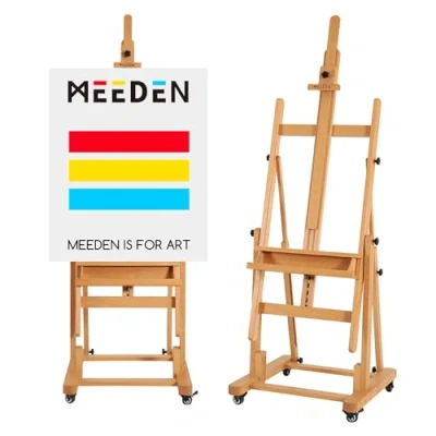 Image of MEEDEN Extra Large Heavy Duty H Frame Studio Easel Solid Beech Wooden Artist Professional Easel, Painting Art Stand with 4 Premium Locking Silent Caster Wheels, Hold Max 82&quot;