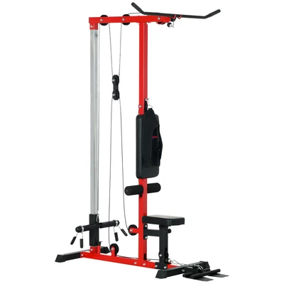 Image of SPORTNOW Pull Up Station with Adjustable Seat, Power Tower for Chin Up, Lat Down Exercises, Multi Function Fitness Equipment Flip Footplate, Home Gym Red