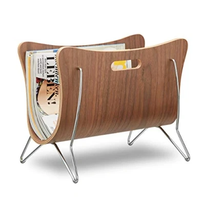 Image of Relaxdays Wooden Newspaper Stand, Bentwood, Magazine Rack, Modern Design, Robust, with Handles, HxWxD: 30 x 37 25 cm, Brown