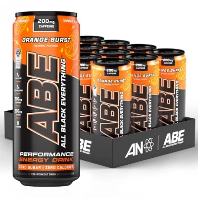 Image of Applied Nutrition ABE Pre Workout Cans All Black Everything Energy + Performance Drink, Carbonated Beverage Sugar Free with Caffeine (Pack of 12 x 330ml) (Orange Burst)
