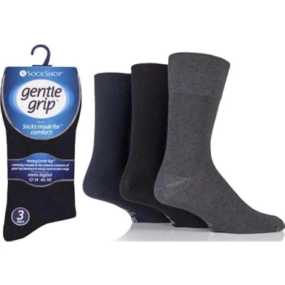Image of Gentle Grips Men&#039;s Socks Bigfoot Honeycomb Top Cotton Rich Pack of 6, Size 12 14 (Black/Navy/Grey)