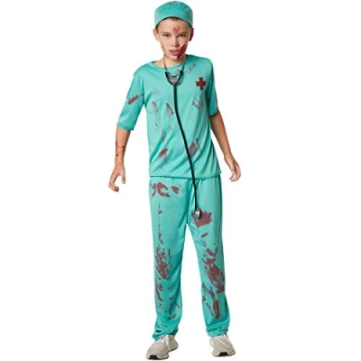 Image of dressforfun 900430 Gruesome doctor Nurse dr scrubs with blood stain and hat Hospital Halloween style fancy dress bloody print