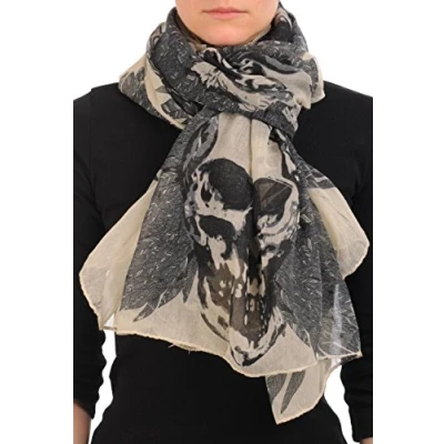 Image of LissKiss Beige With Black Skull &amp; Raven Wings Unisex Scarf Beach Sarong Designer