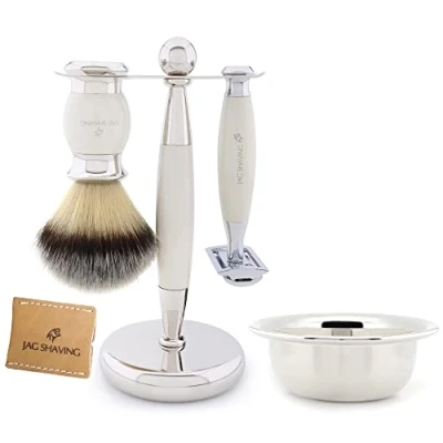 Image of Jag Shaving Kit Ivory Set for Men and Women Synthetic Brush Double Edge Safety Razor Stand Bowl Leather Case