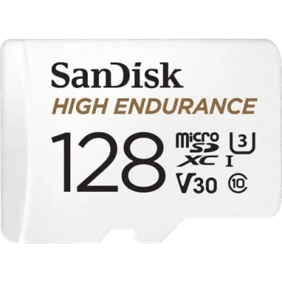 Image of SanDisk 128GB High Endurance microSDXC card for IP cams &amp; dash + SD adapter up to 10,000 Hours Full HD / 4K videos 100 MB/s UHS I Class 10 U3 V30