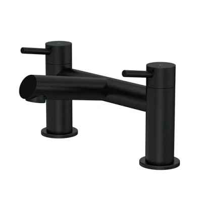 Image of Balterley Black Bath Filler Tap, Deck Mounted Bathroom Tap Mixer with Twin Round Lever Handles, Cylindrical Bridge Waterfall Spout Taps, Durable Taps (Matte Black)