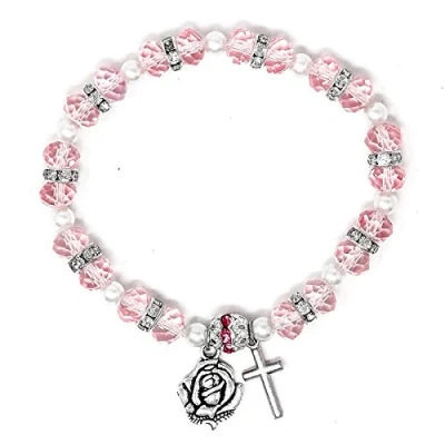 Image of Catholic Gift Shop Ltd Pink Crystal Lourdes Apparition Decade Rosary Bracelet with Cross and Medal, Prayer Card