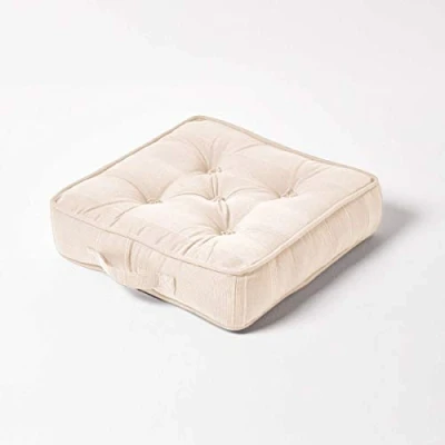 Image of HOMESCAPES Rajput 100% Cotton Floor Cushion Natural 40 x 8 cm Square Indoor Garden Dining Chair Booster Seat Pad