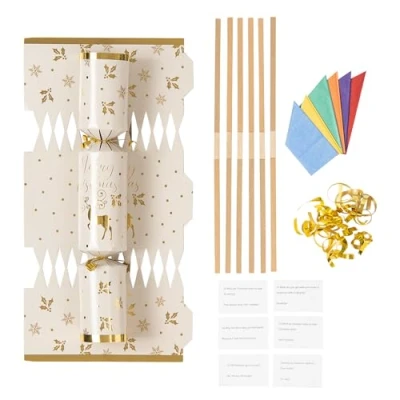 Image of evelay Make Your Own Christmas Cracker kit Crackers Hats Snaps Jokes (Gold Reindeer) Pack of 12
