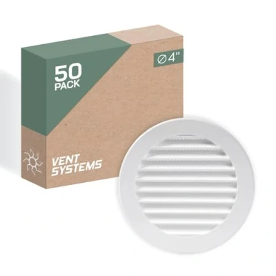 Image of Vent Systems 100 mm / 4&quot; Inch Round Soffit Cover Pack of 50 White Louvered Plastic Grill Grille with Screen Mesh HVAC, Ducting, Pipe Air Supply Vents for Bathroom, Kitchen