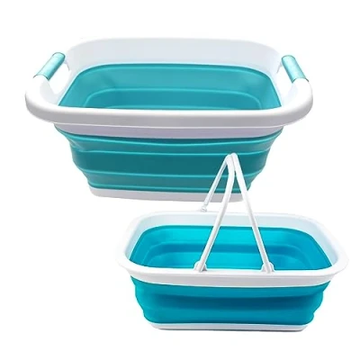 Image of SAMMART 2 pcs Set : 25L Collapsible Plasic Laundry Basket &amp; 9.2L with handle (Laundry Basket+Handy Basket, Bright Blue+Bright Blue)