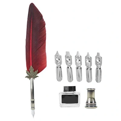 Image of Quill Pen, Handcrafted Pen and Ink Set, Antique Dip Feather Calligraphy Writing with Holder Gift Set 5 Tip (Red)