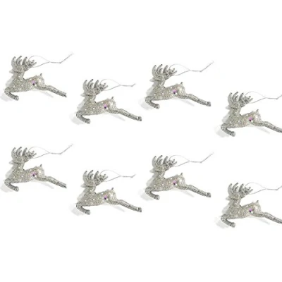 Image of 8 x Silver Glitter 3D Shaped Reindeer Hanging Christmas Tree Ornament Window Decoration XMAS Accessories