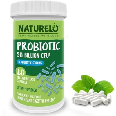Image of NATURELO Probiotic Ultra Strength 50 Billion CFU 11 Lacto &amp; Bifido Strains One Daily Gut Friendly Bacteria No Refrigeration Needed 60 Vegan Capsules 2 Month Supply