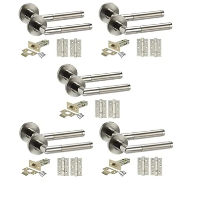Image of Golden Grace Mitred Style Modern Chrome Door Handles on Rose with Duo Finish Lever Latch Pack Ball Bearing Hinges and 64mm Tubular or Bathroom Set Lock (5 Sets)