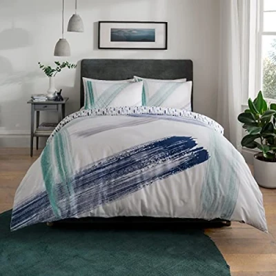 Image of Sleepdown Abstract Brush Strokes White Teal Navy Reversible Duvet Cover Quilt and Pillow Cases Bedding Set Soft Easy Care King (230cm x 220cm), Polycotton