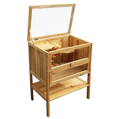 Image of Wooden Rodent Cage 60x40x80cm with 3 Floors, Acryl Glass Front &amp; Hinged Cover for Hamster, Mice etc