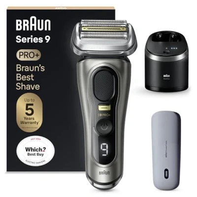 Image of Braun Series 9 Pro+ Electric Shaver with 5 Pro Shaving Elements, Men&#039;s Shaver, Long Hair Trimmer, Cleaning Station, Charging Case, PowerCase, Made in Germany, 9575cc, Grey