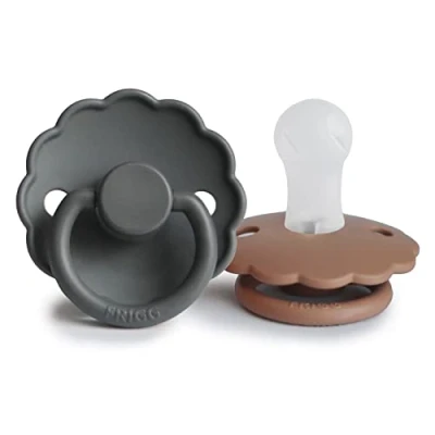 Image of FRIGG Daisy Silicone Pacifier Pack of 2 Soother Dummy BPA Free Made in Denmark Symmetrical Cherry Shaped Nipple (Graphite/Peach Bronze, Size 1 (0 6 Months))