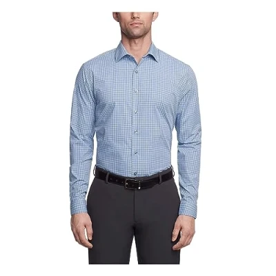 Image of Kenneth Cole Men&#039;s Dress Shirt Slim Fit Checks and Stripes (Patterned), Medium Blue, 15&quot; 15.5&quot; Neck 32&quot; 33&quot; Sleeve