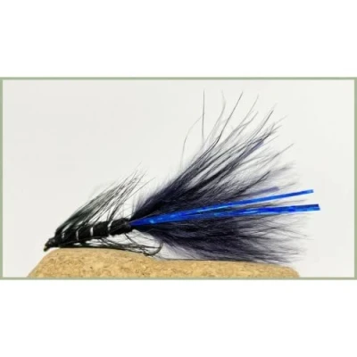 Image of 12 pack of Black Blue Flash Damsel Lures Fishing Flies. Size 10