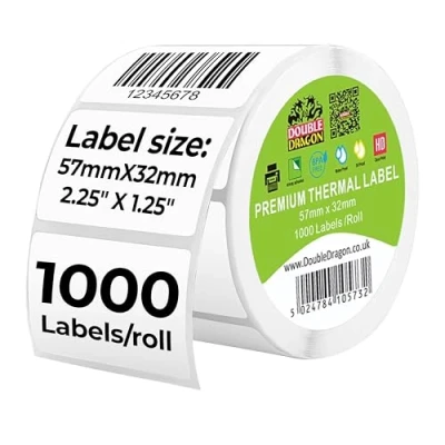 Image of Double Dragon, 57 mm x 32 mm, 1000 Direct Thermal Labels on roll for Printers, Zebra, MUNBYN, Rollo, TSC, Toshiba, Citizen, Eltron and More.