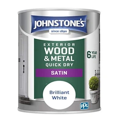 Image of Johnstone&#039;s Quick Dry Satin Brilliant White Finish Exterior Wood &amp; Metal Resistant to cracking peeling 6 years of life 12m2 Coverage per Litre 750 ml (Pack 1)