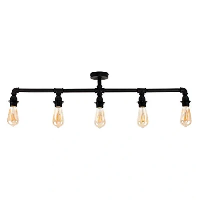 Image of MiniSun Industrial Steampunk Style 5 Way Satin Black Pipework Bar Ceiling Light Complete with 4w LED Filament Bulbs [2700K Warm White]