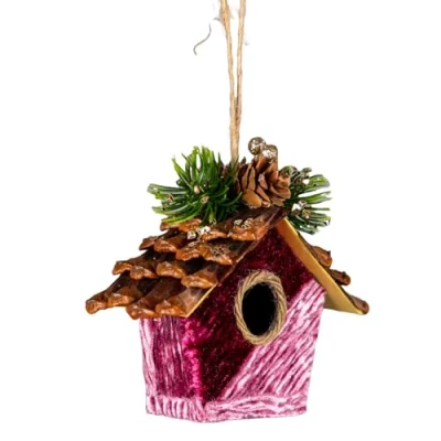 Image of Pink Burgundy Birdhouse 10x11cm Christmas Tree Hanging Decorations Festive Decorative Ornaments Fairy Tale Themed Xmas Pendant