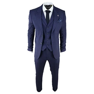 Image of Mens Herringbone Tweed 3 Piece Suit Blue Classic Vintage Tailored Wedding Blinders Navy 48