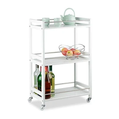 Image of Relaxdays 3 Tier Serving Cart, Bamboo Kitchen Trolley, Tea Station, MDF, Steel, HxWxD: 80.5 x 51 30 cm, White
