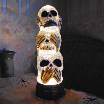 Image of Mr Crimbo Halloween Decoration White 3 Wise Monkeys Skull Stack Water Filled Glitter Swirl Black Base Battery Operated Party Ornament 28cm