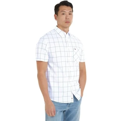Image of Tommy Jeans Men&#039;s Tjm Reg Check Poplin Ss Shirt Casual Shirts, White, XS