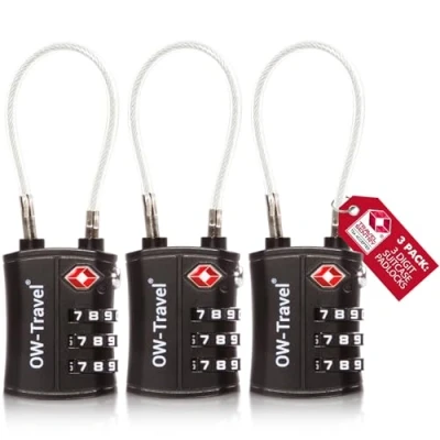 Image of TSA Approved Luggage Locks (3 Pack) OW Travel 3 Digit Heavy Duty Zinc Alloy Security Cable Padlock, Combination Padlocks, Code Lock for Suitcase, Zipper, Luggage, Bag, Case, Gym Locker (Black)