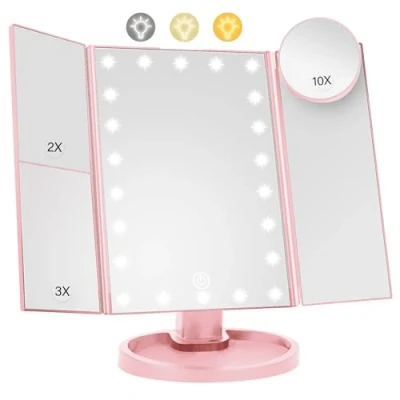 Image of KOOSREEL Lighted Makeup Mirror with 22 LED Lights, Dual Power Supply 1x/2x/3x/10x Magnifying Touch Screen Dimmable Mirror, 180 Degree Adjustable Angle, Travel Cosmetic Pink