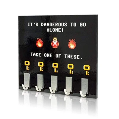 Image of getDigital Dangerous To Go Alone Key Rack Geeky Home and Office Decor Wall Mounted Holder with 5 Metal Hooks 21 x 16 cm