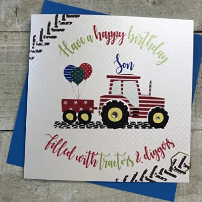 Image of SON BIRTHDAY CARD, RED TRACTOR DESIGN Handfinished by White Cotton Cards (R21 S)