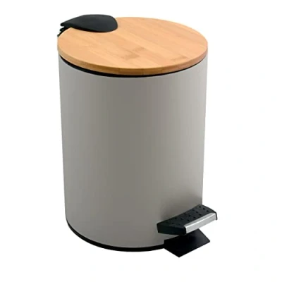 Image of Spirella Adonis Cosmetic Bin 3 Litres Stainless Steel Bamboo with Soft Close Mechanism and Inner Bucket Bathroom Waste Taupe