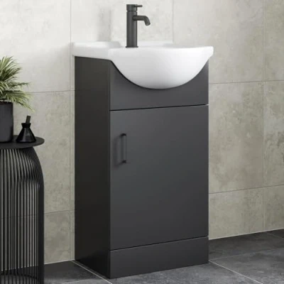 Image of Affine® 450mm Vanity Unit Basin Sink Bathroom Storage Cabinet Cupboard Freestanding, Single Tap Hole Ceramic Wash Basins, Soft Close Door, Matt Black