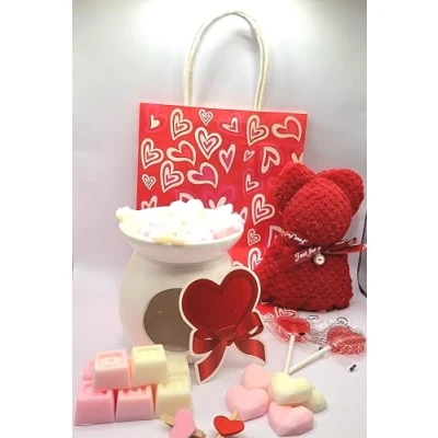 Image of Valentine&#039;s Day Gift Set, Handmade Wax Melts with Essential Oils, Ceramic Burner, Heart Lollipops and Chocolates