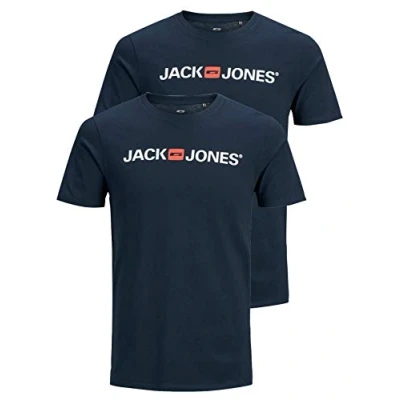 Image of JACK &amp; JONES Men&#039;s JJECORP Logo TEE SS Crew Neck, Navy Blazer/2 PACK W. BLA, S